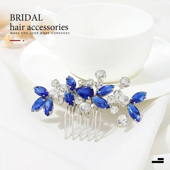 ?Women Blue Crystal Wedding Hair Comb Rhinestone Hair Piece Bridal Headpieces main image 7